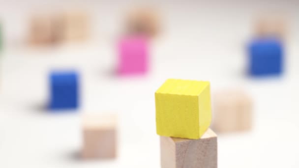 Assembling Toy Colored Wooden Block Tower Multicolored Cubes Playing Hand — Video