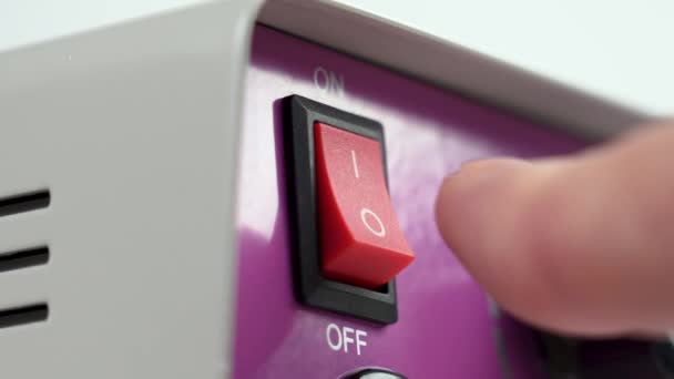 Finger Turns Electrical Household Appliance Pressing Red Button Switch Standby — Vídeos de Stock