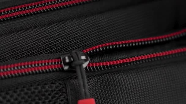 Hand Closes Zipper Black Red Nylon Travel Backpack Close Safety — Stockvideo
