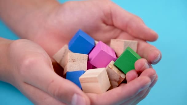 Multicolored Wooden Toy Cubes Hands Bright Game Color Blocks Blue — Stok Video