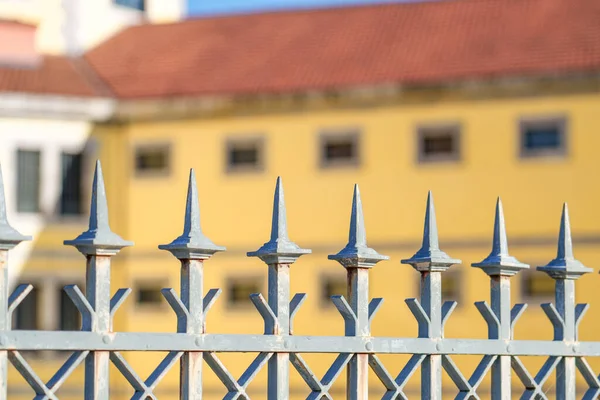 Metal Fence Spikes Old Historical Prison Building Tower Barred Windows — Foto de Stock