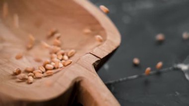 Falling wheat seeds fill a cracked wooden bowl on a black grunge surface in slow motion. Concept of global food crisis and crop export. Close-up. Conceptual dramatic view