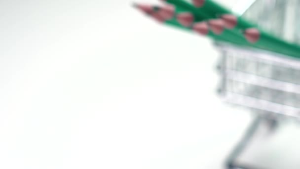 Group Graphite Pencils Mini Shopping Cart White Background Consumerism Back — Wideo stockowe