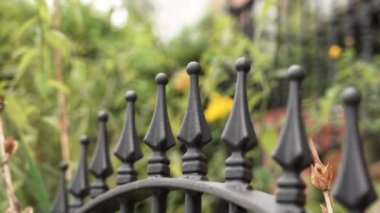 Wrought pointed metal fence black spikes with linear perspective in green garden. Protection and security concept
