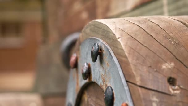 Rusty Forged Riveted Fasteners Old Ancient Cracked Wooden Wheel Iron — Stockvideo