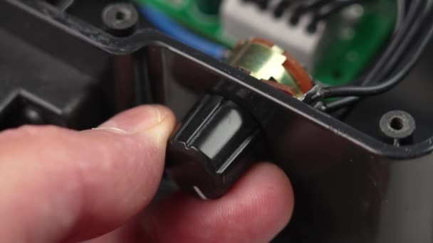 Checking Testing Power Turning Black Button Disassembled Electrical Appliance Hand — Stock Video