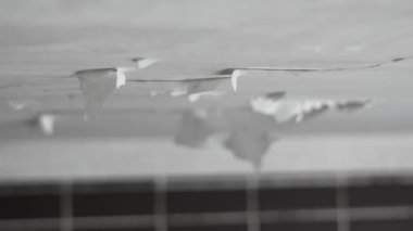 Banyo tavanına su ve nemden beyaz boya dökülüyor. Felaket ve çatıdaki bozulmanın sonucu.