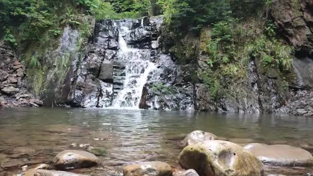 Záběry Vodopádu Vody Padající Skal Obklopených Zelení — Stock video