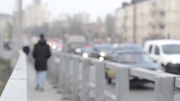 Defocused Footage Moving Traffic Lights Walking Pedestrians — Stock Video