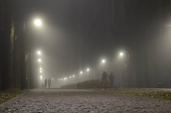 Night Illuminated Street Scene Walking People — Stock Photo, Image