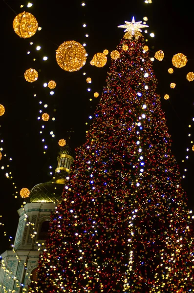 Night Shot Festive Lights Christmas Fair Bell Tower — Fotografia de Stock