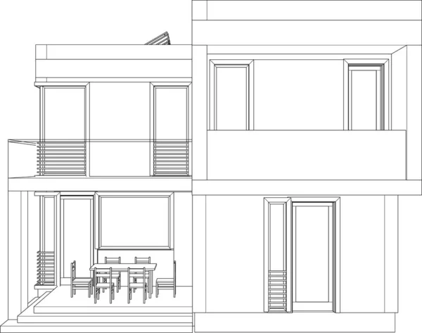 Render Dari Sketsa Arsitektur Detached House - Stok Vektor