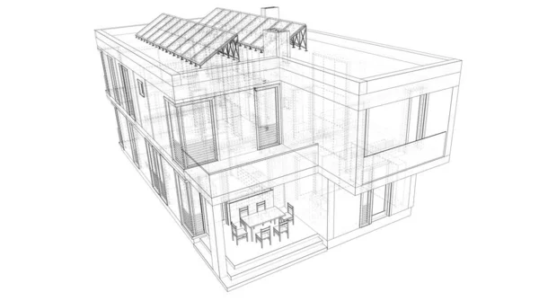 Renderowanie Szkicu Architektonicznego Domu Jednorodzinnego — Zdjęcie stockowe