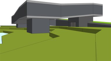 Yeşil ve beyaz bir evin 3D çizimi