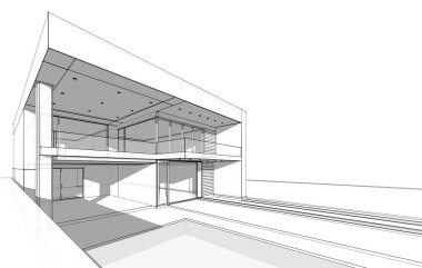 Havuz konsepti çizimi olan ev 3D resimleme