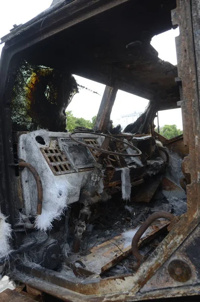 Ukrayna 'da savaş. Rus ordusunun saldırısından sonra Kyiv bölgesinde yıkılan binalar. Rus işgalinin Ukrayna 'daki sonuçları. Kyiv bölgesi, Ukrayna, Haziran 2022