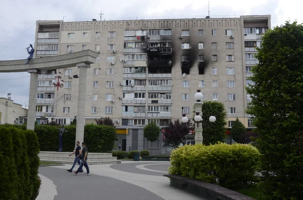 Wojna Ukrainie Zniszczył Budynki Rejonie Kijowa Ataku Rosyjskiej Armii Konsekwencje — Zdjęcie stockowe