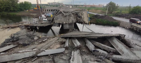 Guerra Ucrania Puente Destruido Irpin Región Kiev Después Del Ataque — Foto de Stock
