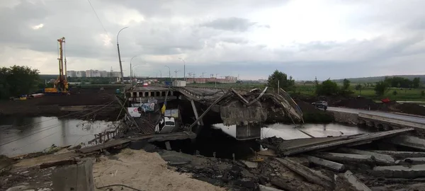 stock image War in Ukraine. Destroyed bridge in Irpin, Kyiv region after Russian invaders attack. Irpin, Kyiv region, Ukraine, May 2022