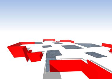 Şehrin arka planında kırmızı ve beyaz oklar var. 3d illüstrasyon
