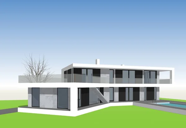 Casa Moderna Com Grama Verde Ilustração — Fotografia de Stock