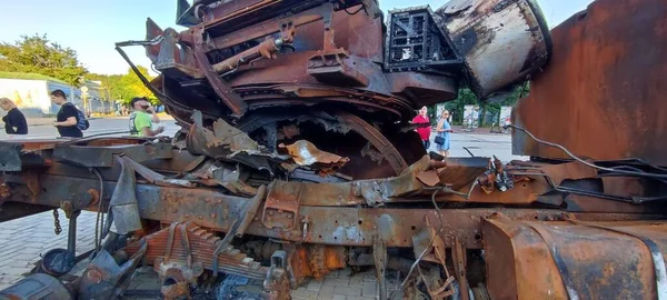 Kiev Ucrania Mayo 2022 Vehículos Blindados Rusos Destruidos Exposición Plaza — Foto de Stock