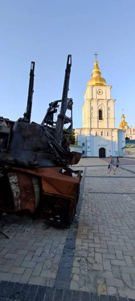 Kiev Ucrânia Maio 2022 Veículos Blindados Russos Destruídos Exposição Praça — Fotografia de Stock