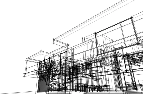 Vykreslení Architektonického Náčrtku Samostatného Domu — Stockový vektor