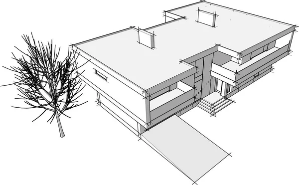 Rendu Croquis Architectural Maison Individuelle — Image vectorielle