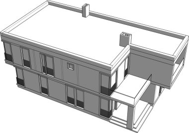 Modern geometrik mimari tasarım, 3D tasarım, gayrimenkul planı, mimari sanat, taslak çizimi.