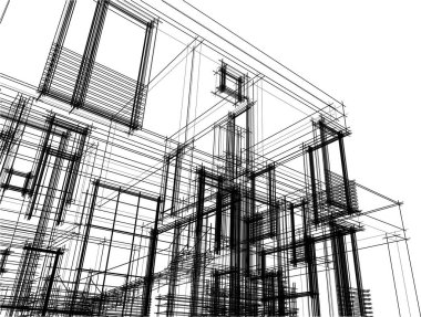 Modern geometrik mimari tasarım, 3D tasarım, gayrimenkul planı, mimari sanat, taslak çizimi.