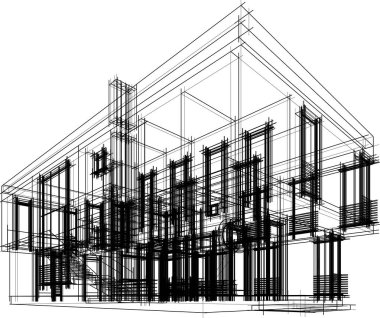 Modern geometrik mimari tasarım, 3D tasarım, gayrimenkul planı, mimari sanat, taslak çizimi.