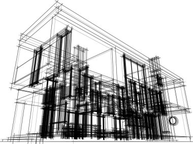 Modern geometrik mimari tasarım, 3D tasarım, gayrimenkul planı, mimari sanat, taslak çizimi.