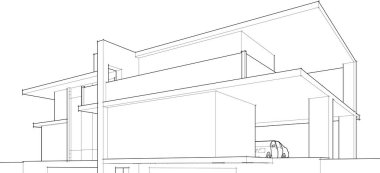 Modern geometrik mimari tasarım, 3D tasarım, gayrimenkul planı, mimari sanat, taslak çizimi.