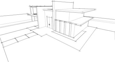 Modern geometrik mimari tasarım, 3D tasarım, gayrimenkul planı, mimari sanat, taslak çizimi.