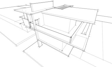 Modern geometrik mimari tasarım, 3D tasarım, gayrimenkul planı, mimari sanat, taslak çizimi.