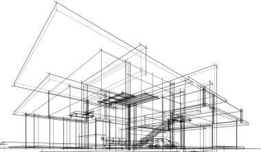 Modern geometrik mimari tasarım, 3D tasarım, gayrimenkul planı, mimari sanat, taslak çizimi.