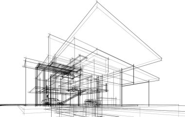 Modern geometrik mimari tasarım, 3D tasarım, gayrimenkul planı, mimari sanat, taslak çizimi.