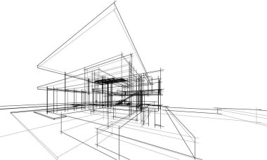 Modern geometrik mimari tasarım, 3D tasarım, gayrimenkul planı, mimari sanat, taslak çizimi.