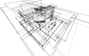 Modern geometrik mimari tasarım, 3D tasarım, gayrimenkul planı, mimari sanat, taslak çizimi.