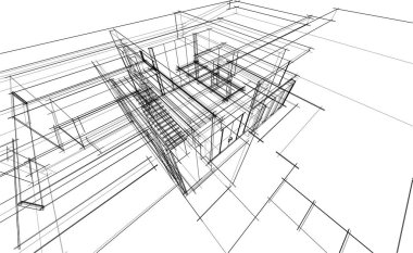 Modern geometrik mimari tasarım, 3D tasarım, gayrimenkul planı, mimari sanat, taslak çizimi.