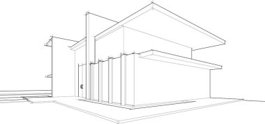 Modern geometrik mimari tasarım, 3D tasarım, gayrimenkul planı, mimari sanat, taslak çizimi.