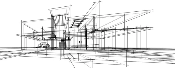 現代の幾何学建築デザイン 3Dレンダリング 不動産の青写真 建築芸術 アウトラインイラスト — ストックベクタ