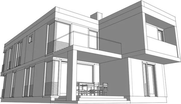 現代の幾何学建築デザイン 3Dレンダリング 不動産の青写真 建築芸術 アウトラインイラスト — ストックベクタ