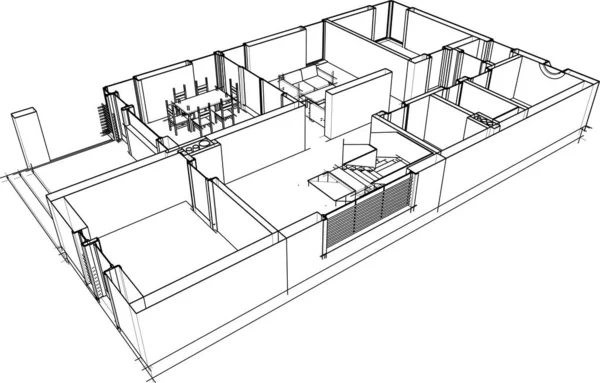 現代の幾何学建築デザイン 3Dレンダリング 不動産の青写真 建築芸術 アウトラインイラスト — ストックベクタ