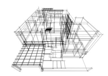 Modern geometrik mimari tasarım, 3D tasarım, gayrimenkul planı, mimari sanat, taslak çizimi.