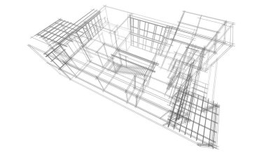 Modern geometrik mimari tasarım, 3D tasarım, gayrimenkul planı, mimari sanat, taslak çizimi.