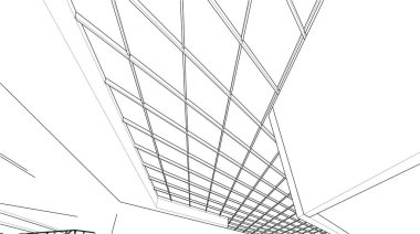 Modern geometrik mimari tasarım, 3D tasarım, AVM 'nin iç planı, mimari sanat, taslak çizimi.