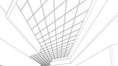 Modern geometrik mimari tasarım, 3D tasarım, AVM 'nin iç planı, mimari sanat, taslak çizimi.