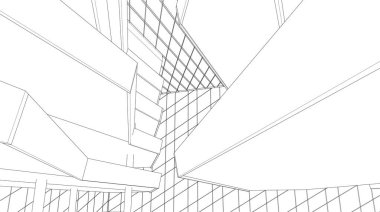 Modern geometrik mimari tasarım, 3D tasarım, AVM 'nin iç planı, mimari sanat, taslak çizimi.